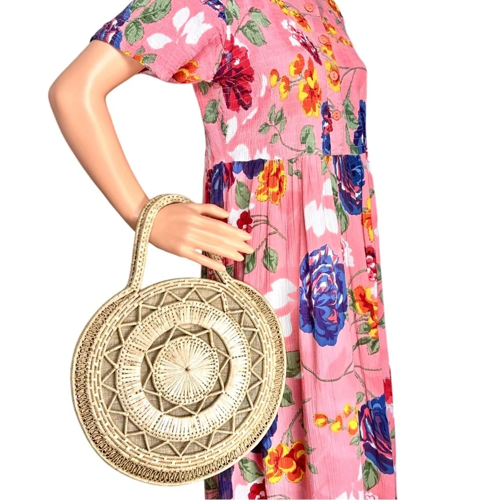 Vintage Hand-Woven Straw Raffia Handbag Natural Geo Sun Beach Bag‎ Boho Coastal